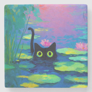 Funny Black Cat Schwimmen im Teich Quirky Art Steinuntersetzer