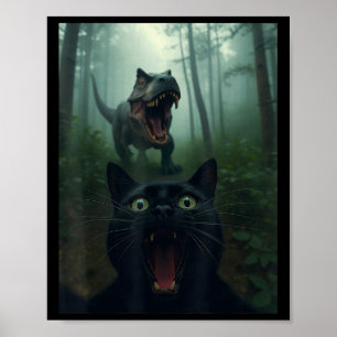 Funny Black Cat Selfie mit T-rex Dinosaurwald Poster