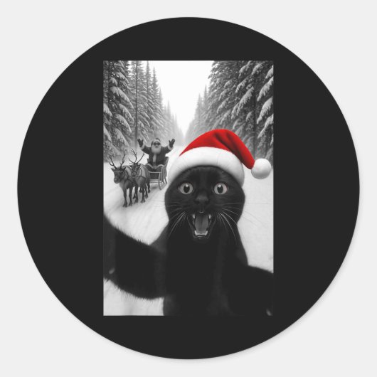 Funny Black Cat Selfie With Santa Christmas Men Wo Runder Aufkleber (Vorderseite)