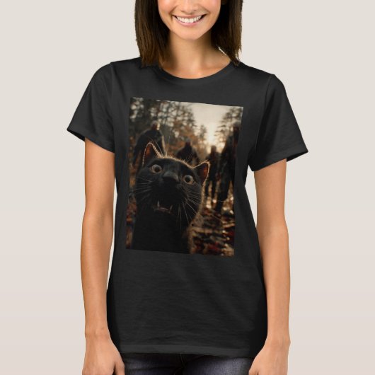 Funny Black Cat Selfie With Zombies Feline Animal  T-Shirt (Vorderseite)