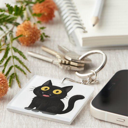 Funny Black Cat Sticker mit gelben Augen Schlüsselanhänger (Vorderseite rechts)