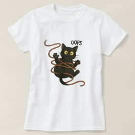 Funny Black Cat Tangled in Rope - Niedlicher Carto T-Shirt