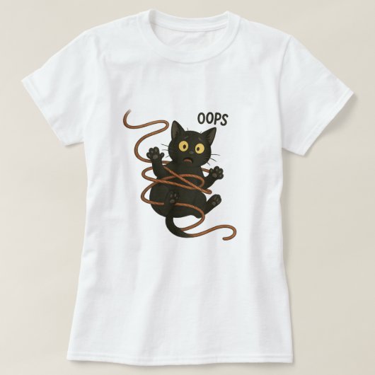 Funny Black Cat Tangled in Rope - Niedlicher Carto T-Shirt (Design vorne)