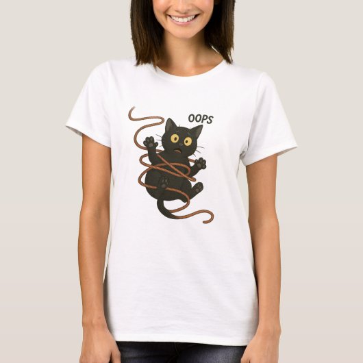 Funny Black Cat Tangled in Rope - Niedlicher Carto T-Shirt (Vorderseite)