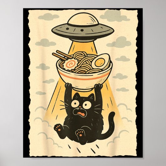Funny Black Cat Ufo Ramen Alien Abduction Graphic Poster (Vorne)