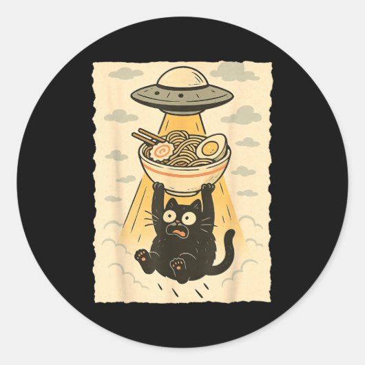 Funny Black Cat Ufo Ramen Alien Abduction Graphic  Runder Aufkleber (Vorderseite)