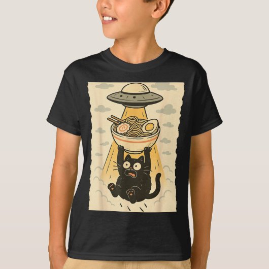 Funny Black Cat Ufo Ramen Alien Abduction Graphic  T-Shirt (Vorderseite)