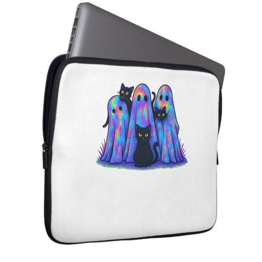 Funny Black Cat und Ghost Halloween Essential T-Sh Laptopschutzhülle (Vorne Rechts)