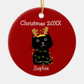 Funny Black Cat Weihnachten Zeichnend Monogram Red Keramik Ornament (Vorne)