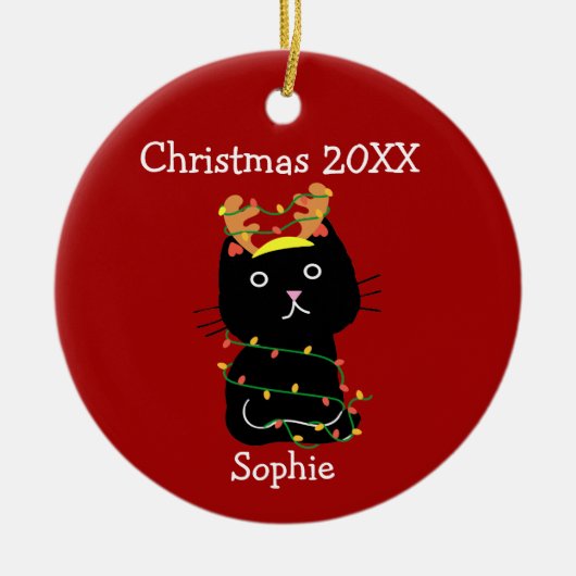 Funny Black Cat Weihnachten Zeichnend Monogram Red Keramik Ornament (Vorne)