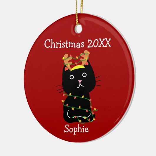 Funny Black Cat Weihnachten Zeichnend Monogram Red Keramik Ornament (Links)