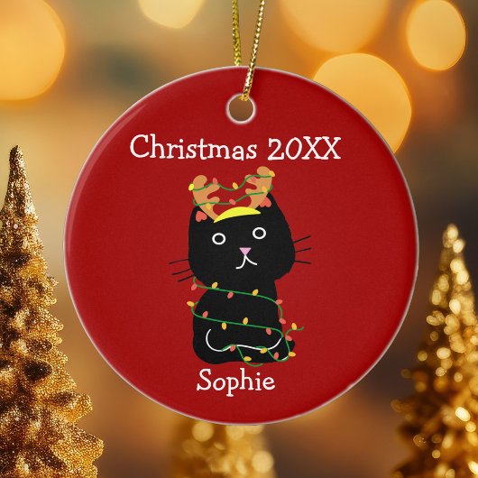 Funny Black Cat Weihnachten Zeichnend Monogram Red Keramik Ornament
