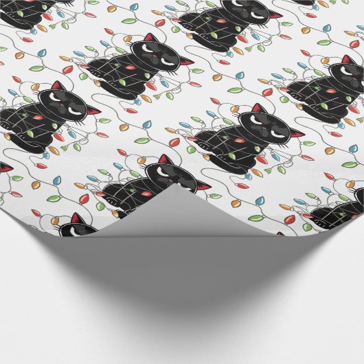 Funny Black Cat Weihnachtslicht Wrapping Paper Geschenkpapier (Ecke)