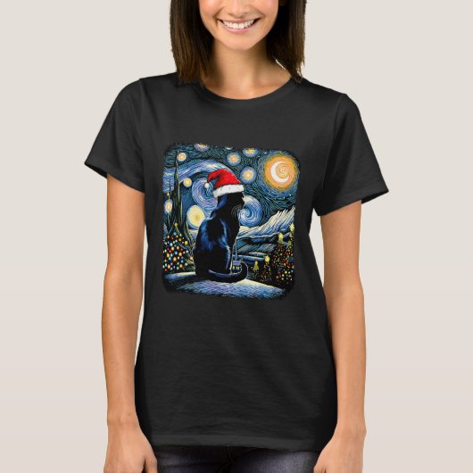 Funny Black Cat Weihnachtsmannmütze Weihnachtsnach T-Shirt (Vorderseite)