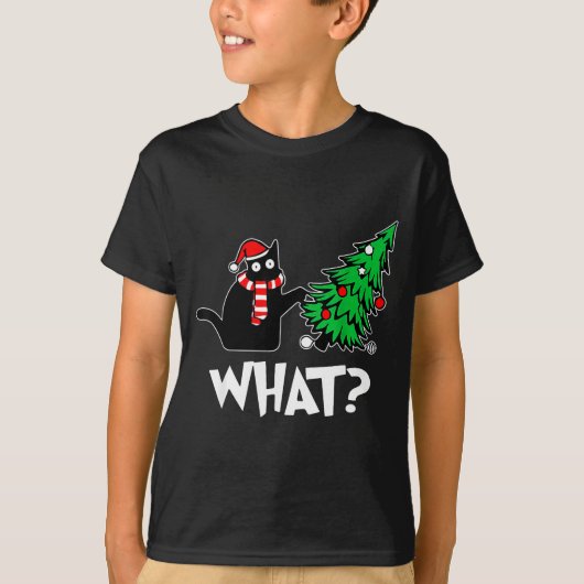 Funny Black Cat Xmas Pushing Christmas Tree Over C T-Shirt (Vorderseite)