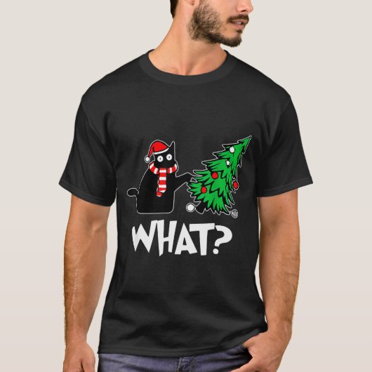 Funny Black Cat Xmas Pushing Christmas Tree Over C T-Shirt (Vorderseite)