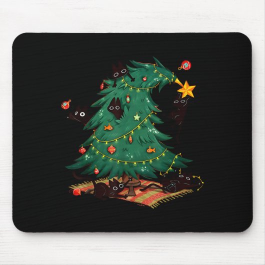 Funny Black Cats Christmas Xmas Tree Family Pajama Mousepad (Vorne)