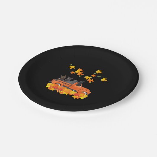 Funny Black Cats Lkw Autumn Pumpkin Mapsleaf Pappteller (Schrägansicht)