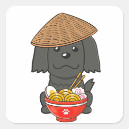 Funny Black dog isst Nudeln Quadratischer Aufkleber