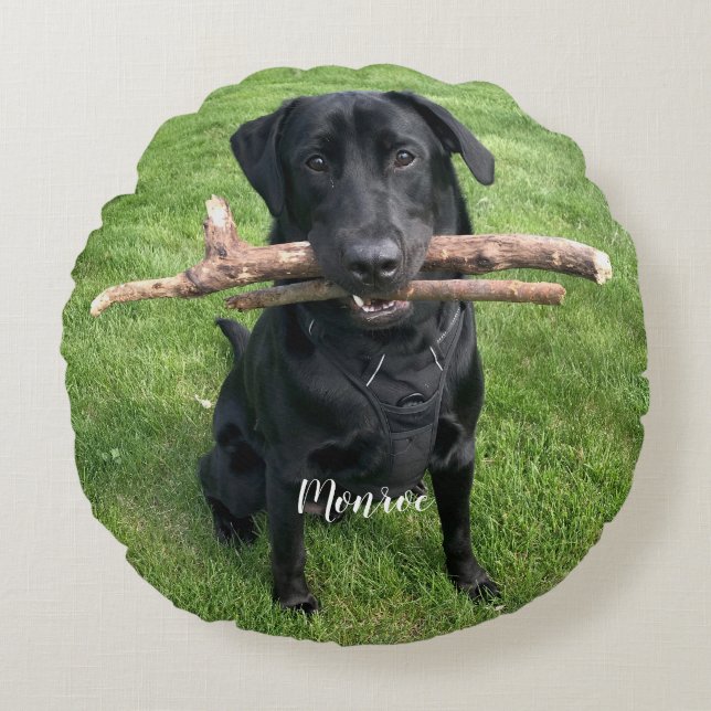 Funny Black Lab Pet Personalisierter Name und Foto Rundes Kissen (Vorderseite)