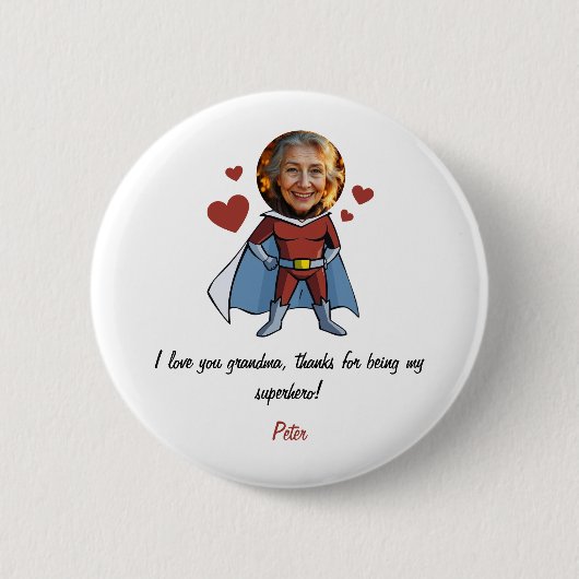 Funny Black & Maroon Cartoon Superhero Grandma Button (Vorderseite)