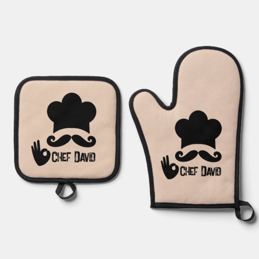 Funny Black Mustache Koch Custom Ofenhandschuh & Topflappen-Set (Vorderseite)