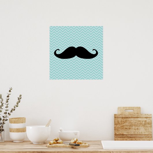 Funny Black Mustache und blaues Zickzack Muster Poster (Küche)