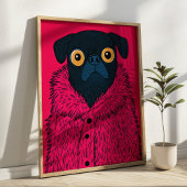 Funny Black Pug in Pink Fur Animal Fashion Art Poster