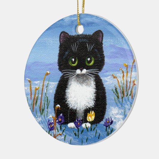 Funny Black Tuxedo Cat Winter Schnee Kreationarts Keramik Ornament (Links)
