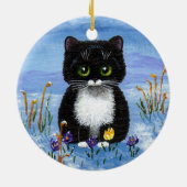 Funny Black Tuxedo Cat Winter Schnee Kreationarts Keramik Ornament (Hinten)
