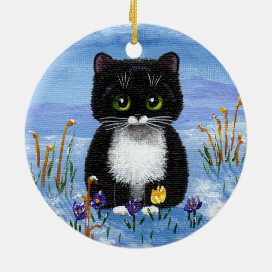 Funny Black Tuxedo Cat Winter Schnee Kreationarts Keramik Ornament (Hinten)