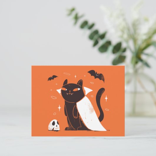 Funny Black Vampire Cat zu Halloween Postkarte (Stehend Vorderseite)