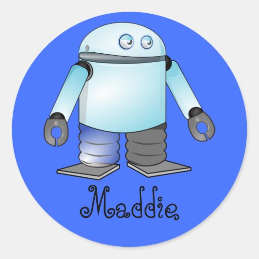 Funny Blue Cartoon Robot Runder Aufkleber (Vorderseite)