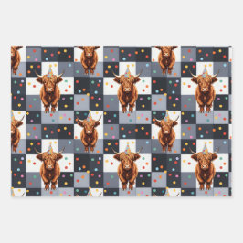 Funny Blue Checkered Highland Cow Birthday Geschenkpapier Set