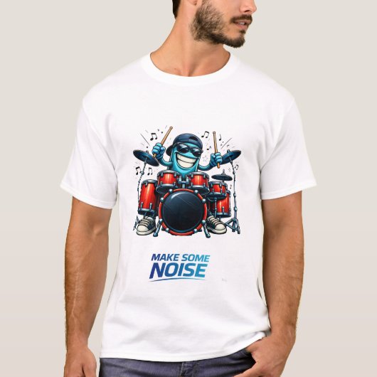 Funny Blue Drummer Character Music Illustration T-Shirt (Vorderseite)