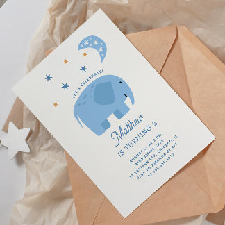 Funny Blue Elefant & Mond. Niedlicher Kindergeburt Einladung