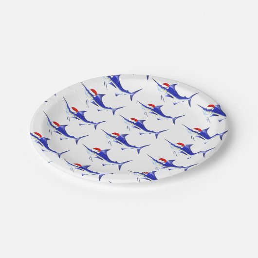 Funny Blue Marlin Santa Claus Pappteller (Schrägansicht)