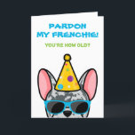 Funny Blue Merle French Bulldog Frenchie Birthday Karte<br><div class="desc">Wenn Sie jemanden kennen, der französische Bullhunde Lieben hat und einen guten Spaß hat, ist diese lustige Geburtstagskarte ideal, um sie an ihrem besonderen Tag zu schicken. Das Design zeigt eine Cartoon-Art-Abbildung eines blauen, mergelfarbenen französischen Bulldoggen mit einem Party Hut und Sonnenbrille mit der Formulierung "Verzeihen Sie meine Franzosen! Du...</div>