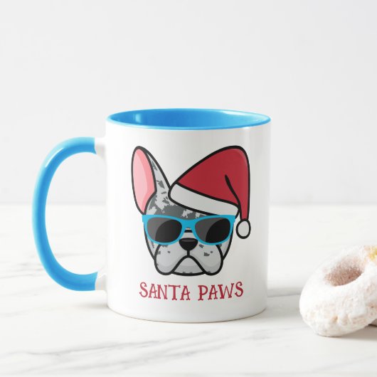 Funny Blue Merle Frenchie Santa Paws Weihnachten Tasse (Mit Donut)