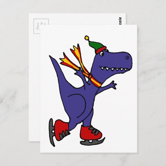 Funny Blue T-Rex Dinosaur Ice Skaten Art Postkarte (Vorne/Hinten)