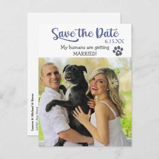 Funny Blue Text Rette das Hochzeitdatum mit Hund Postkarte (Vorne/Hinten)