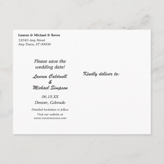 Funny Blue Text Rette das Hochzeitdatum mit Hund Postkarte (Rückseite)