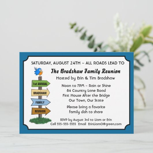 Funny Bluebird Family Wiedersehen Einladung (Stehend Vorderseite)