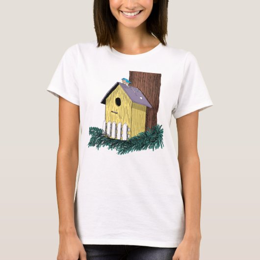 Funny Bluebird über Birdhouse T-Shirt (Vorderseite)
