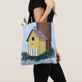 Funny Bluebird über Birdhouse Tasche (Von Nahem)