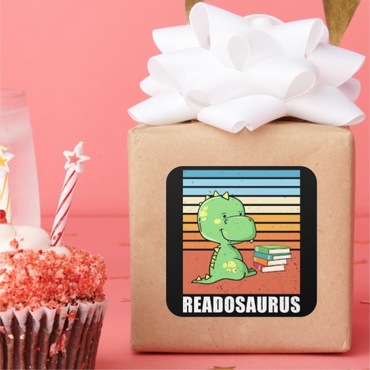 Funny Book Readosaurus Dinosaur Reading Dino Retro Quadratischer Aufkleber (Party)