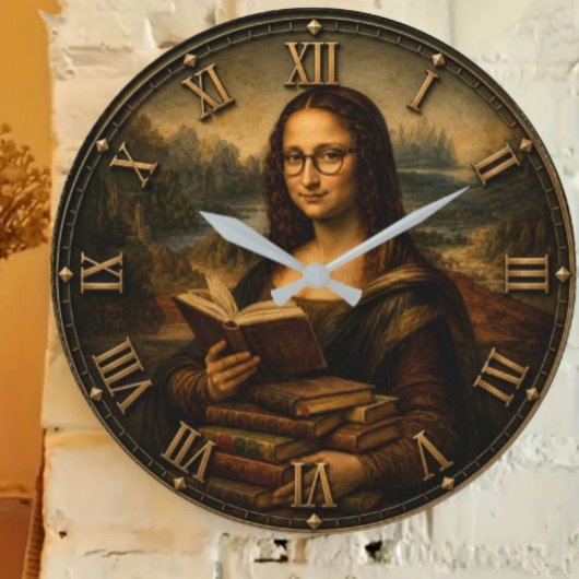 Funny Bookworm Mona Lisa Reading Lover Renaissance Große Wanduhr