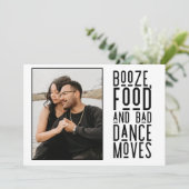 Funny Booze Food Bad Dance bewegt Foto Hochzeit Save The Date (Stehend Vorderseite)