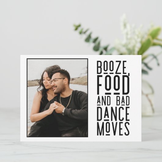 Funny Booze Food Bad Dance bewegt Foto Hochzeit Save The Date (Stehend Vorderseite)