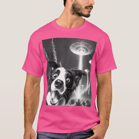 Funny Border Collie Alien Ufo nimmt einen Selfie H T-Shirt (Vorderseite)